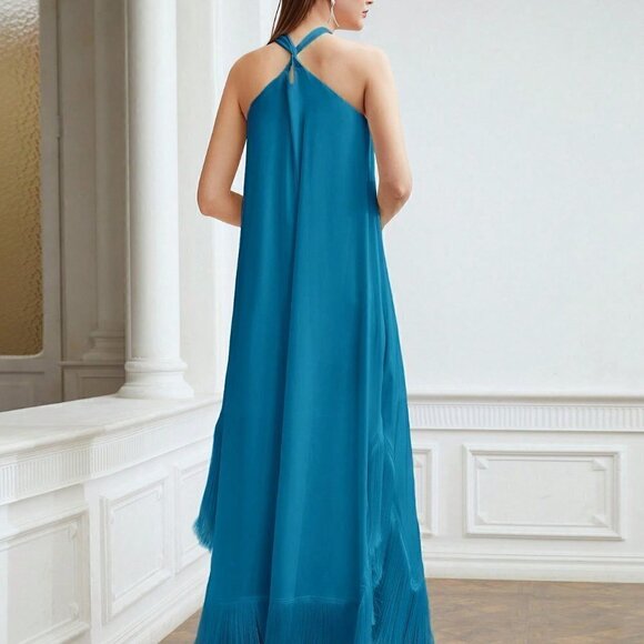 TEAL BLUE PREPPY WOMENS FRINGE HEM CROSS HALTER DRESS - Picture 5 of 5